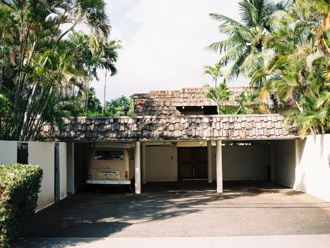 Low house and driveway shaded by tall palm trees.