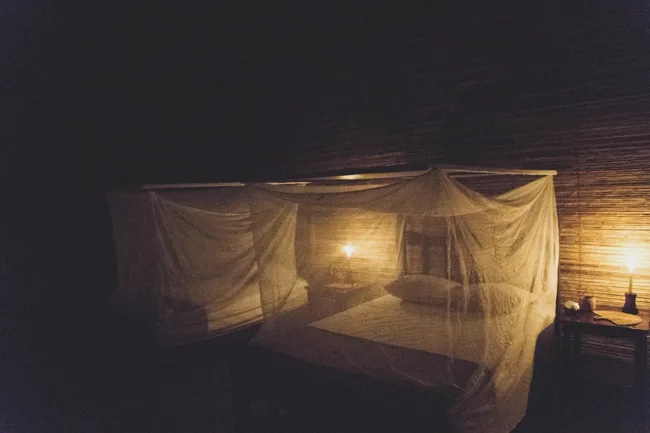 A bed draped in mosquito netting illuminated by warm bedside light.