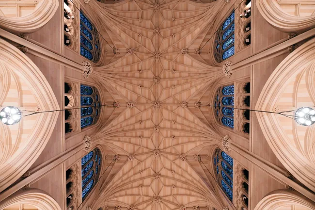 Symmetrical view upward into a cathedral’s ornate vaulted ceiling.
