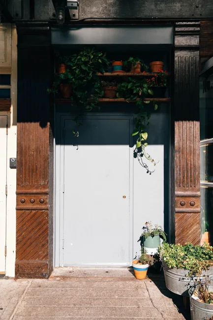 Simple doorway framed by wood siding and small potted plants.