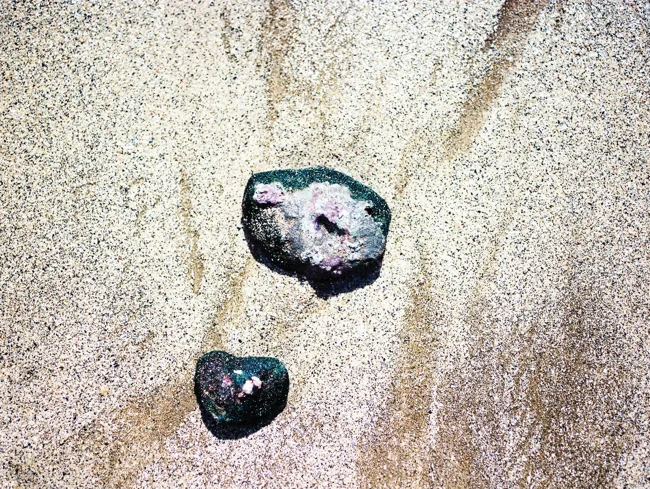 Two dark stones resting on rippled pale sand.